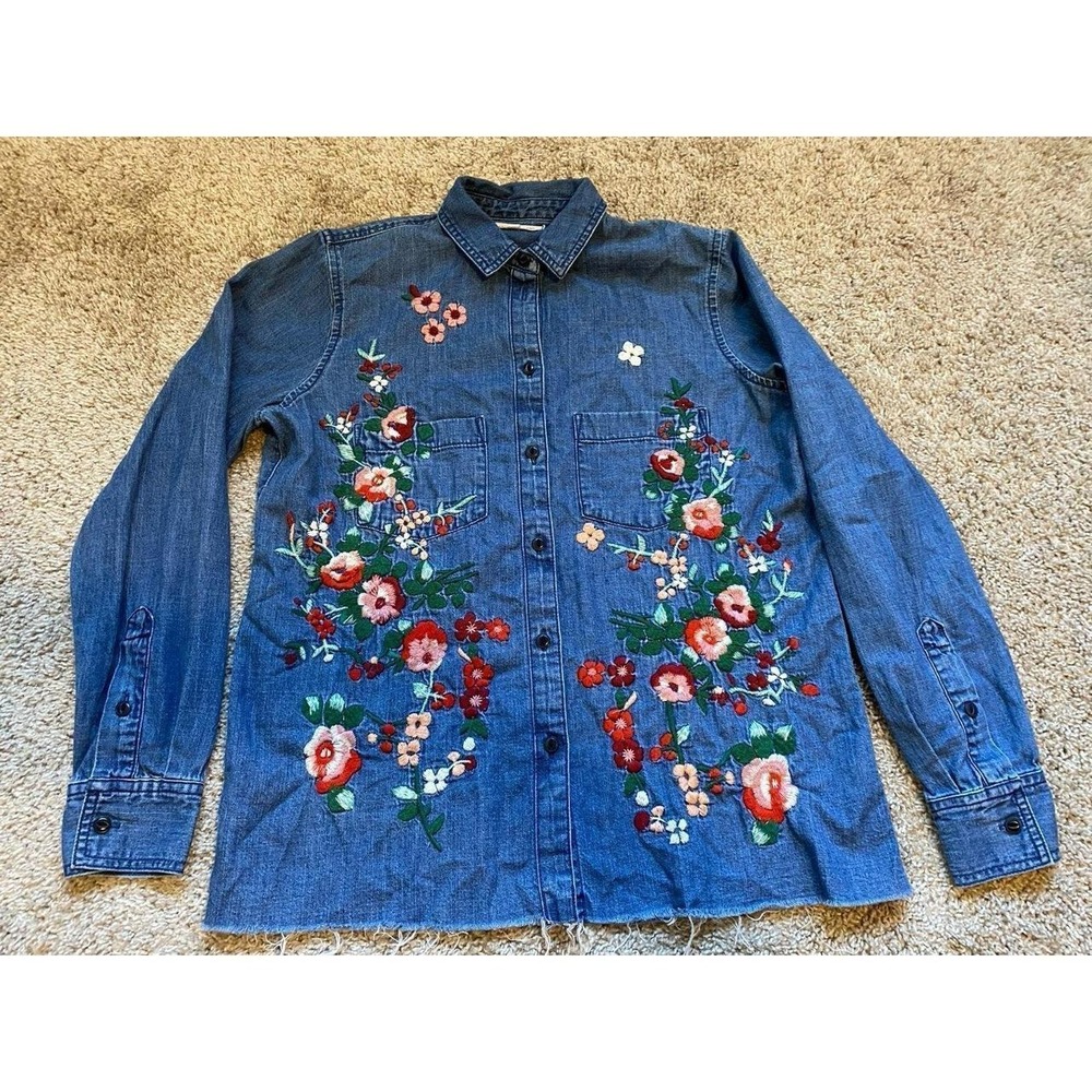 Madewell Embroidered Cutoff Denim Shirt Raw Edge XS Small sku45